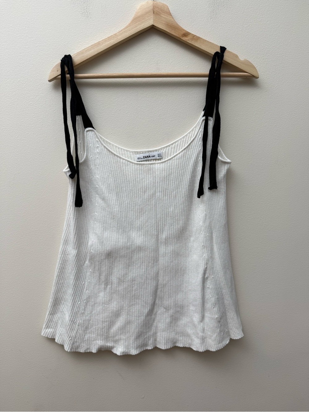 Zara White Ribbed Camisole with Black Tie Straps